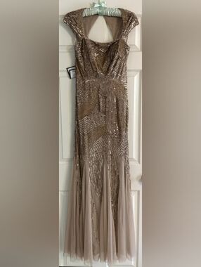 Adrianna Papell Taupe Sequin Embellished Maxi Gown